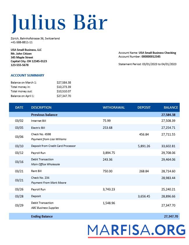 Realistic Julius Baer Bank company statement Word and PDF template